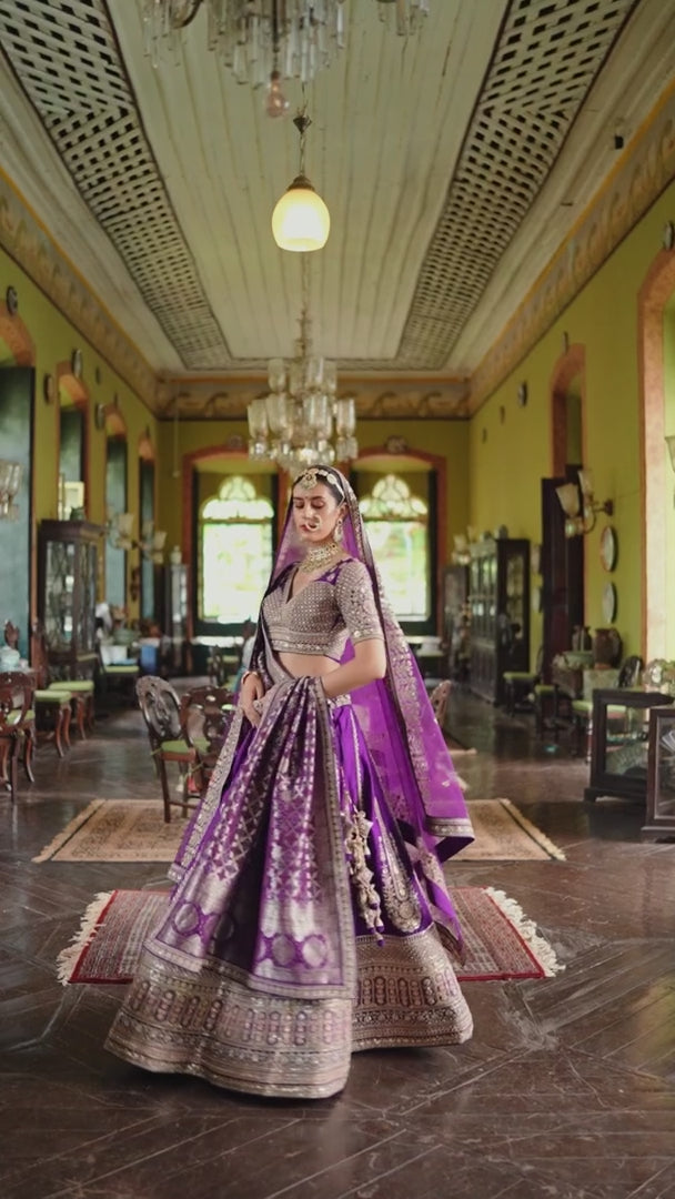 Imperial Purple Double-Dupatta Bridal Silk Lehenga – A Royal Tapestry of Elegance