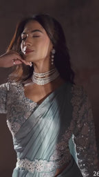 Ice Blue Lustrous Satin One Minute Saree with with Readymade Designer Blouse & Belt