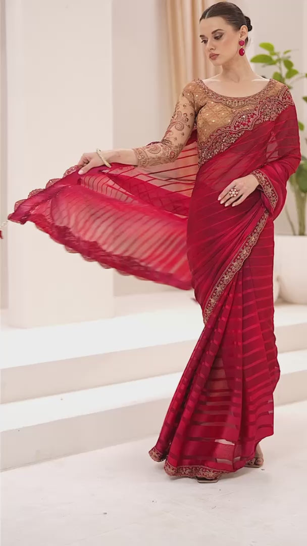 Wine Red Premium Georgette Embroidered Saree