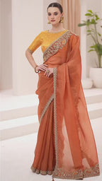 Dual Shade Rust Gold Silk Embroidered Saree with Designer Blouse