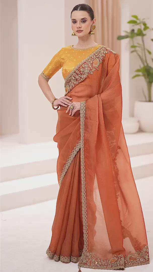 Dual Shade Rust Gold Silk Embroidered Saree with Designer Blouse