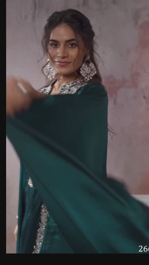 Emerald Two Tone Satin One Minute Saree with Embellished Poncho & Belt