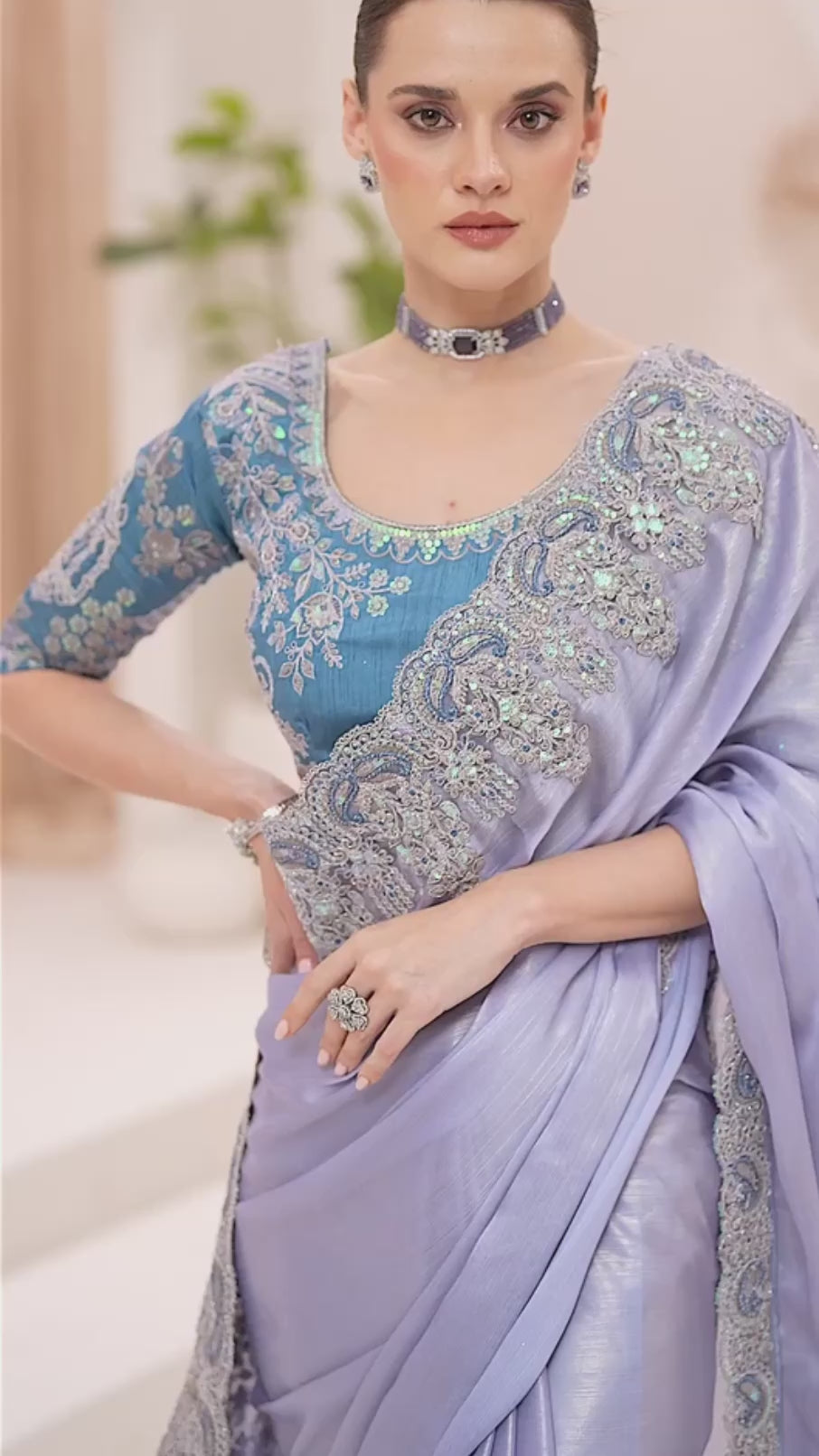 Ice Blue Shimmer Satin Silk Embroidered Saree with Designer Blouse