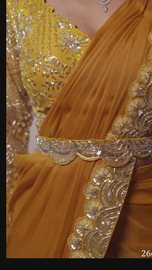 Mustard Gold Lustrous Satin One Minute Saree with Readymade Designer Blouse & Belt