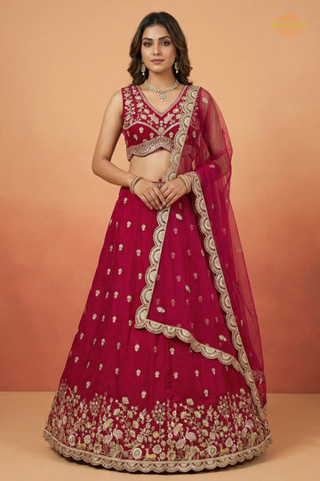 Rani Pink Embroidered Semi-Stitched Chinnon Lehenga Set