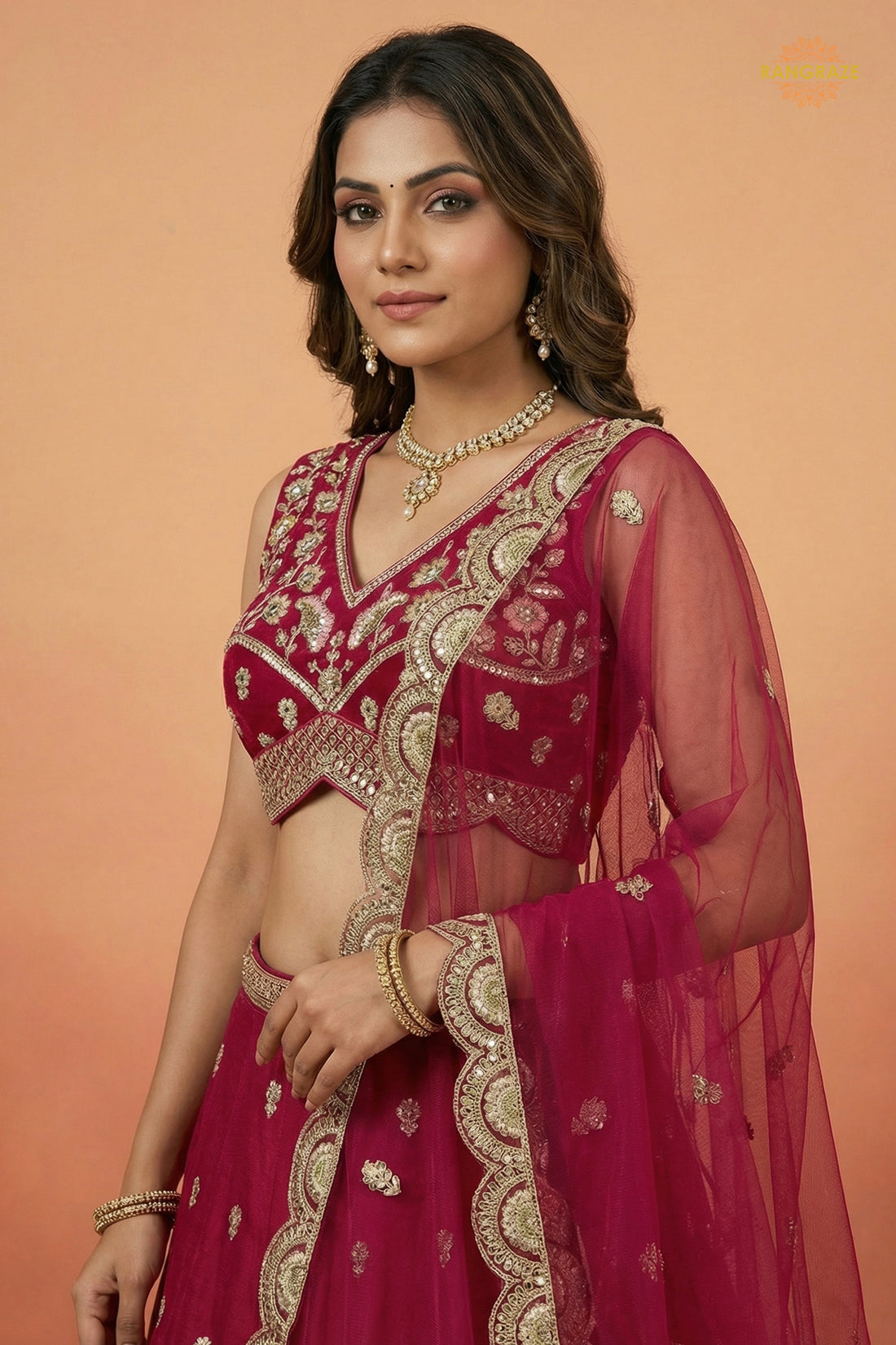 Rani Pink Embroidered Semi-Stitched Chinnon Lehenga Set