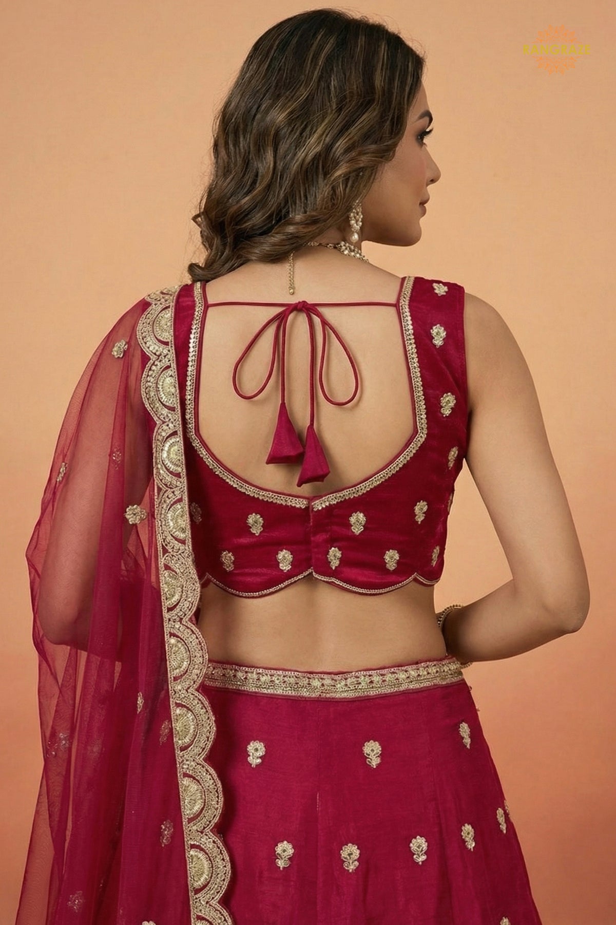 Rani Pink Embroidered Semi-Stitched Chinnon Lehenga Set