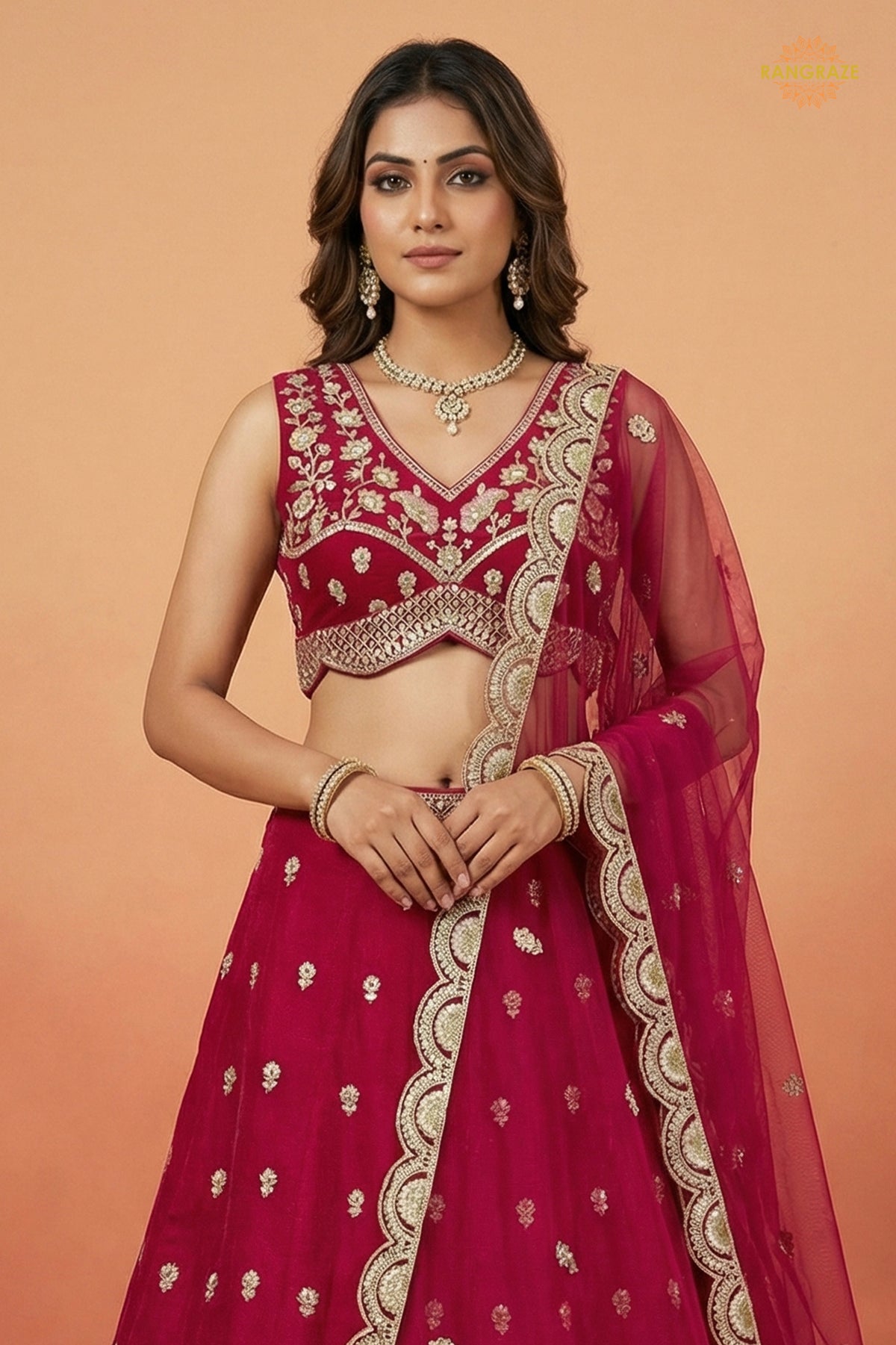 Rani Pink Embroidered Semi-Stitched Chinnon Lehenga Set