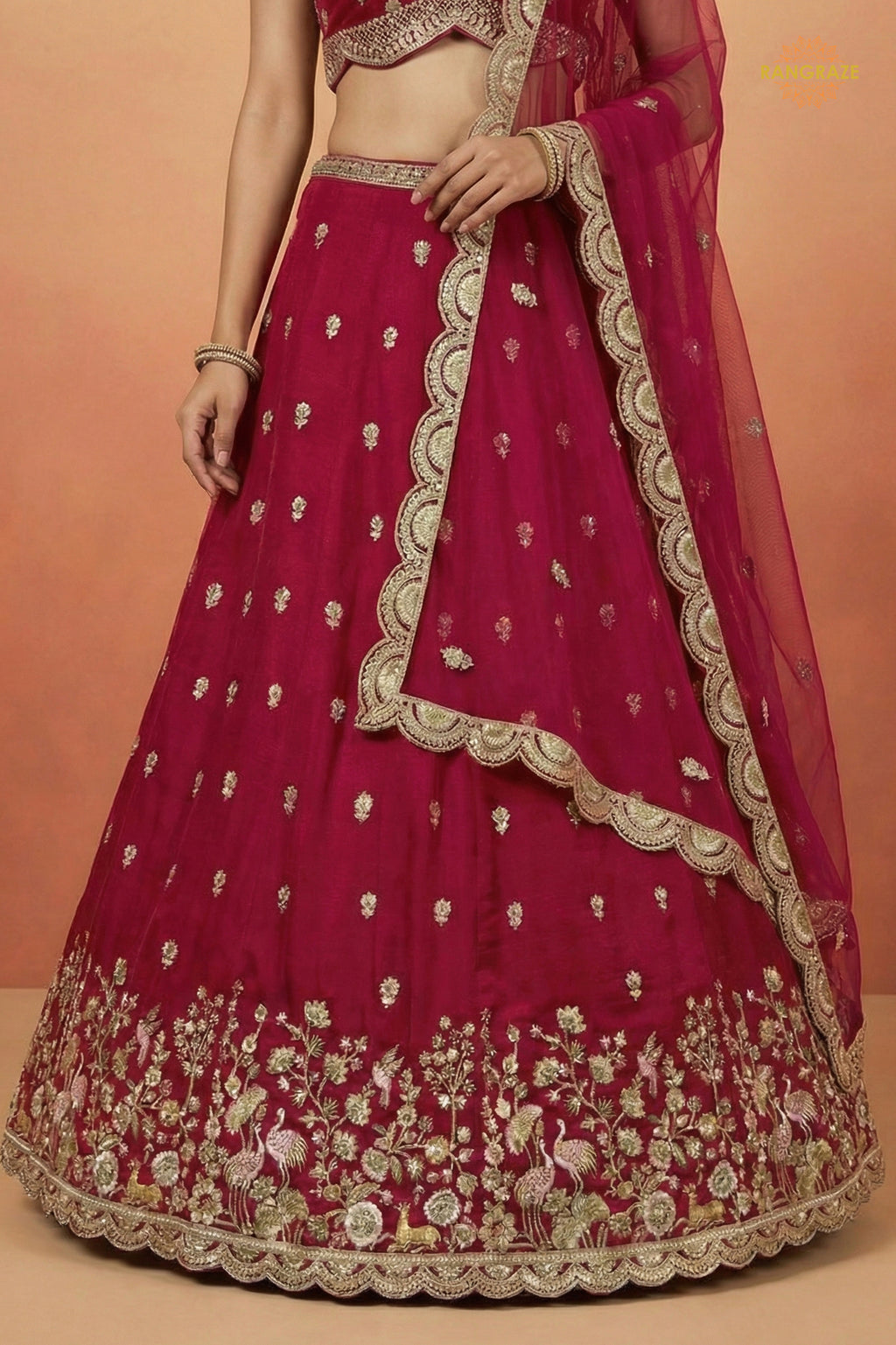 Rani Pink Embroidered Semi-Stitched Chinnon Lehenga Set