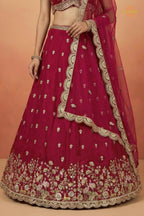 Rani Pink Embroidered Semi-Stitched Chinnon Lehenga Set