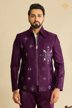 Regal Purple Embroidered Velvet Men Jacket and Pant Set with Mirror Work