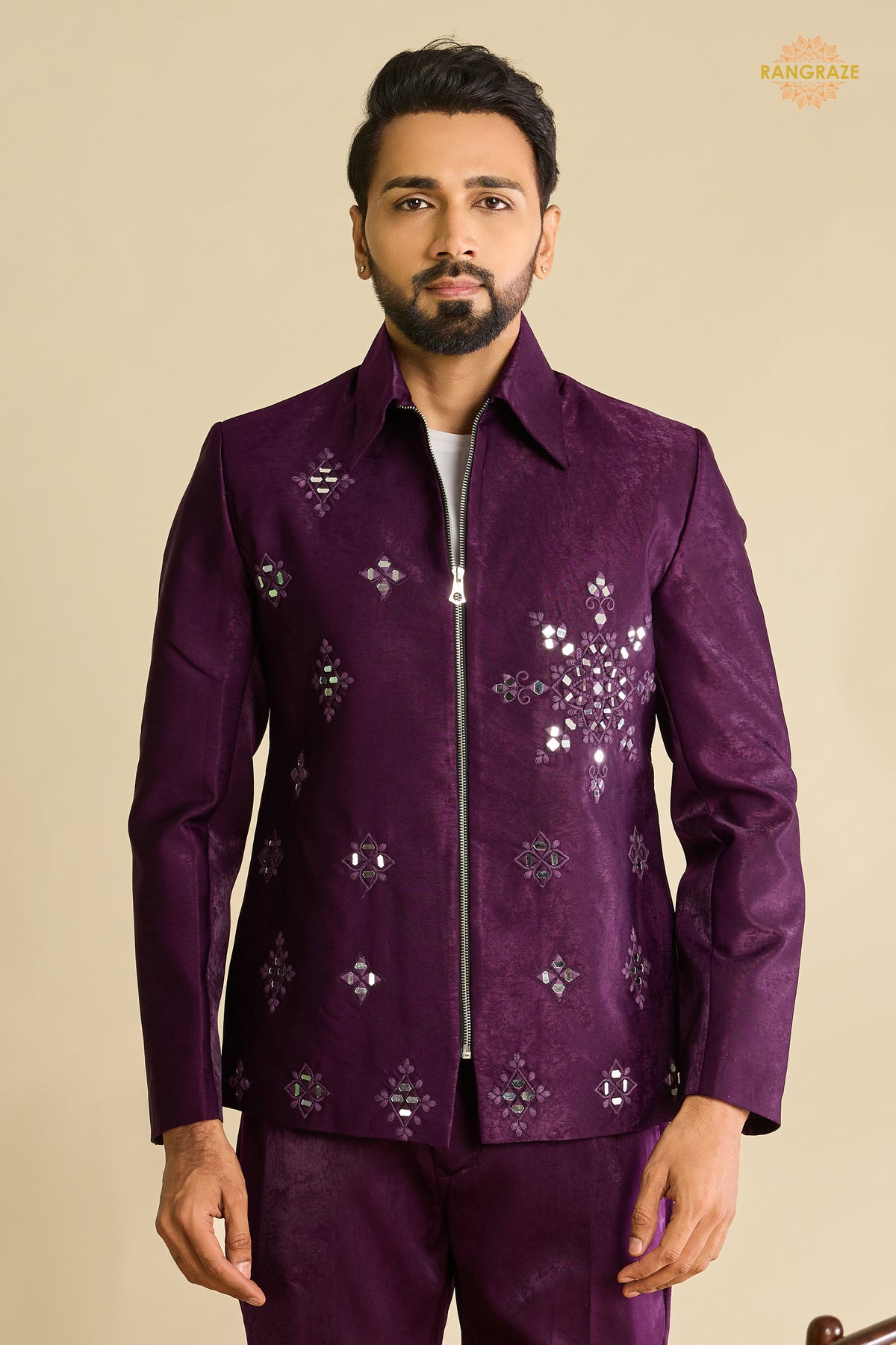 Regal Purple Embroidered Velvet Men Jacket and Pant Set with Mirror Work
