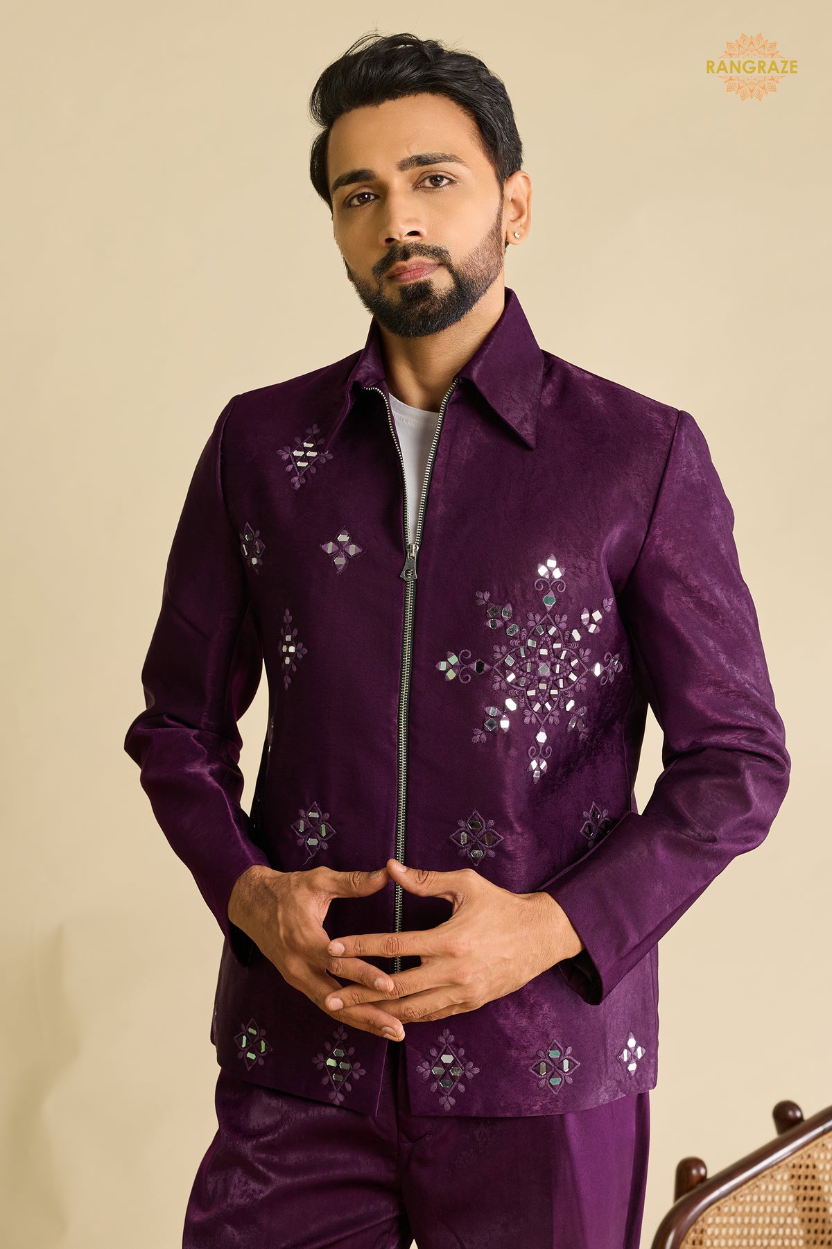 Regal Purple Embroidered Velvet Men Jacket and Pant Set with Mirror Work