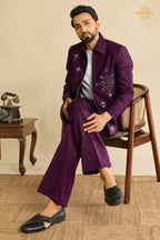 Regal Purple Embroidered Velvet Men Jacket and Pant Set with Mirror Work