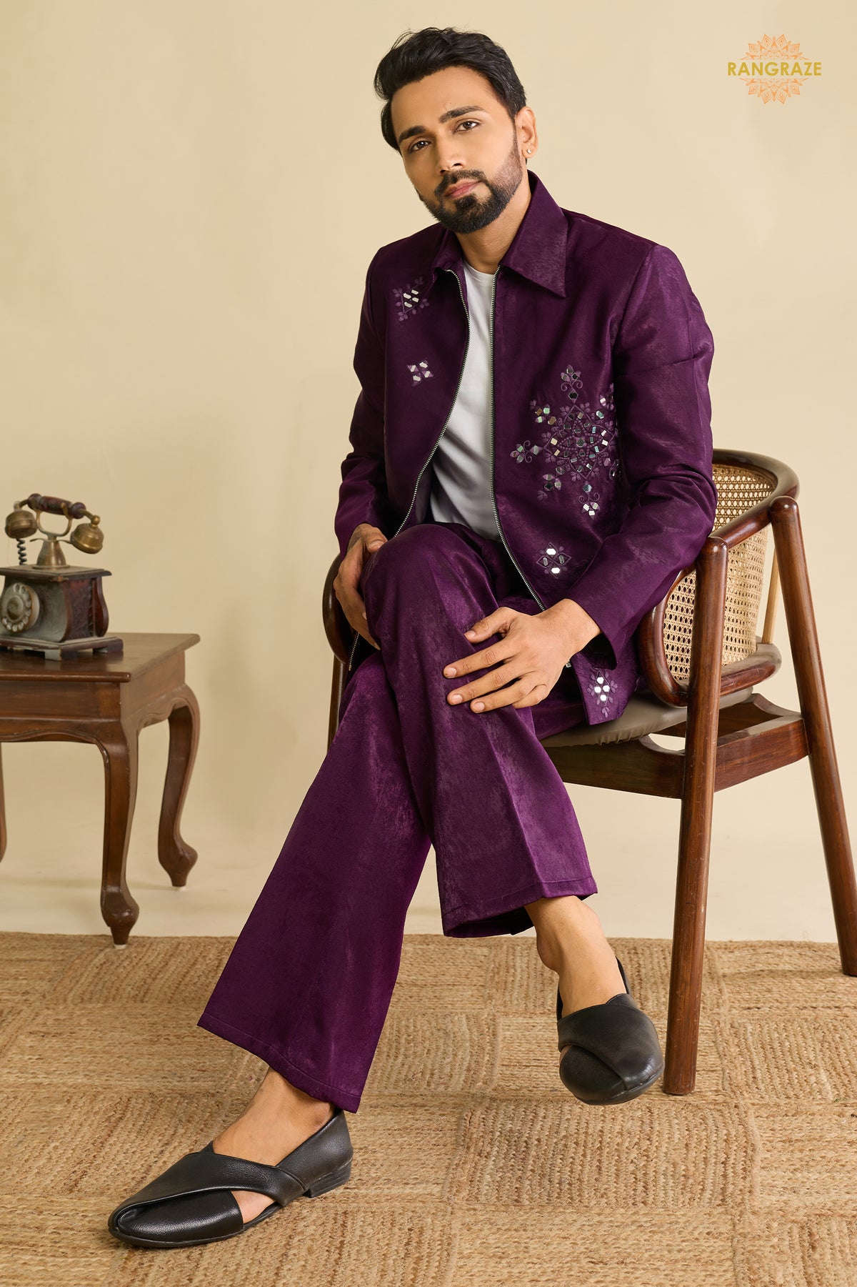 Regal Purple Embroidered Velvet Men Jacket and Pant Set with Mirror Work