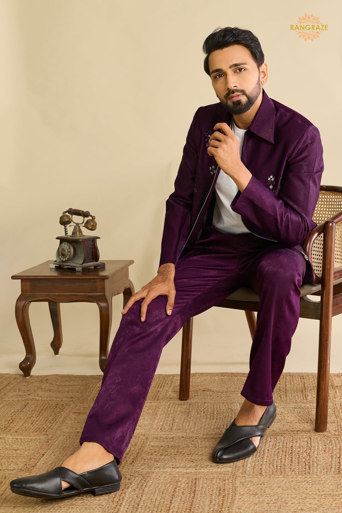 Regal Purple Embroidered Velvet Men Jacket and Pant Set with Mirror Work