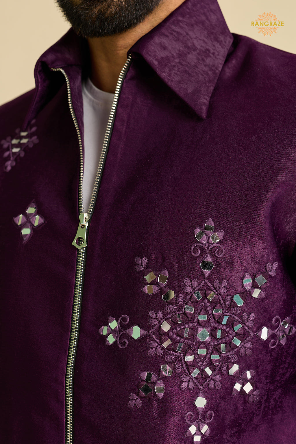 Regal Purple Embroidered Velvet Men Jacket and Pant Set with Mirror Work
