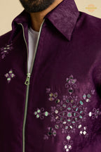 Regal Purple Embroidered Velvet Men Jacket and Pant Set with Mirror Work