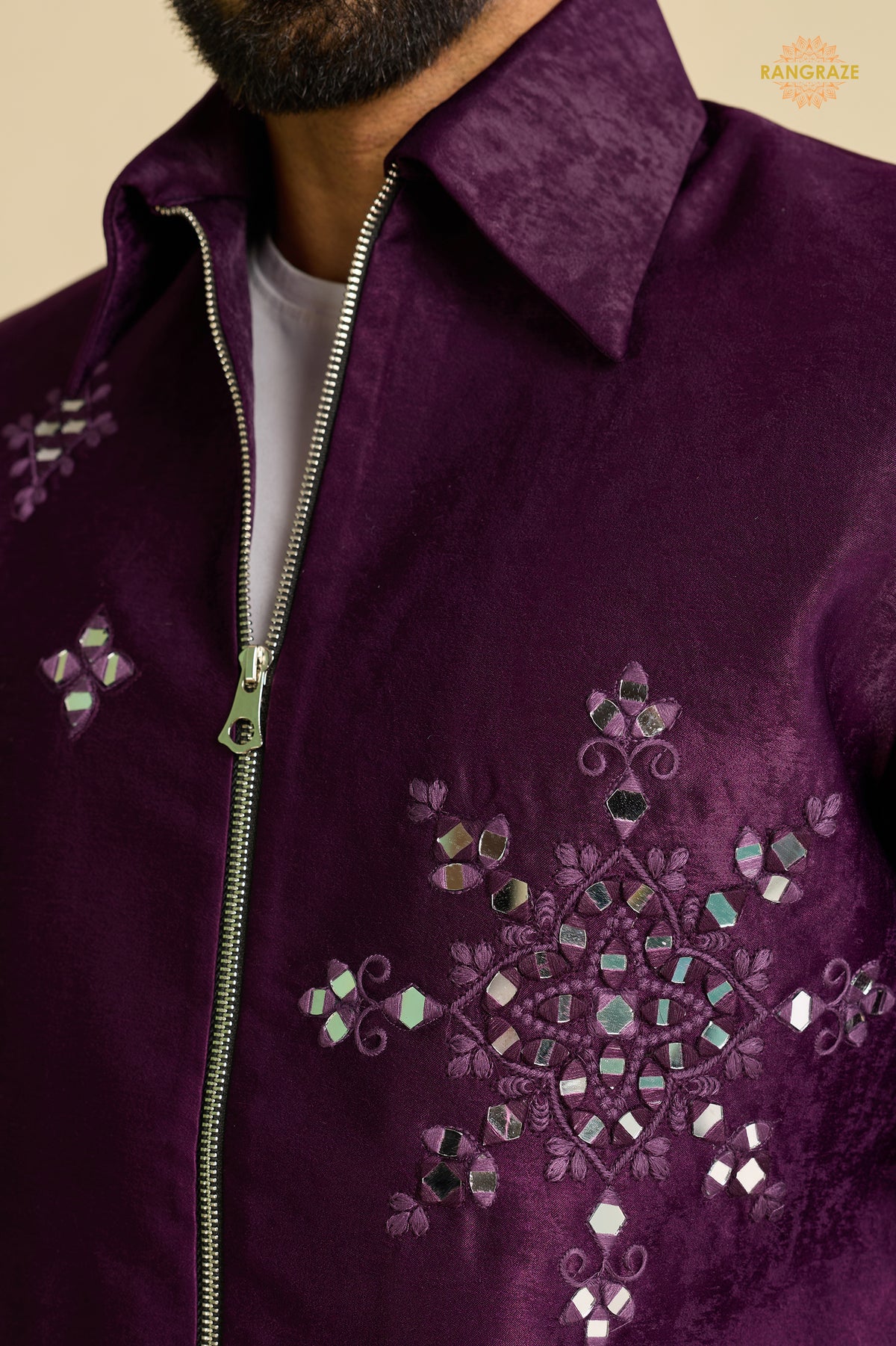 Regal Purple Embroidered Velvet Men Jacket and Pant Set with Mirror Work