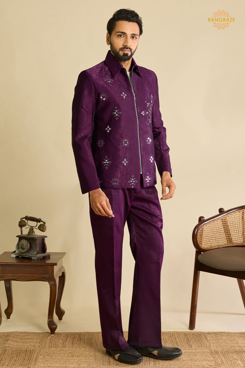 Regal Purple Embroidered Velvet Men Jacket and Pant Set with Mirror Work