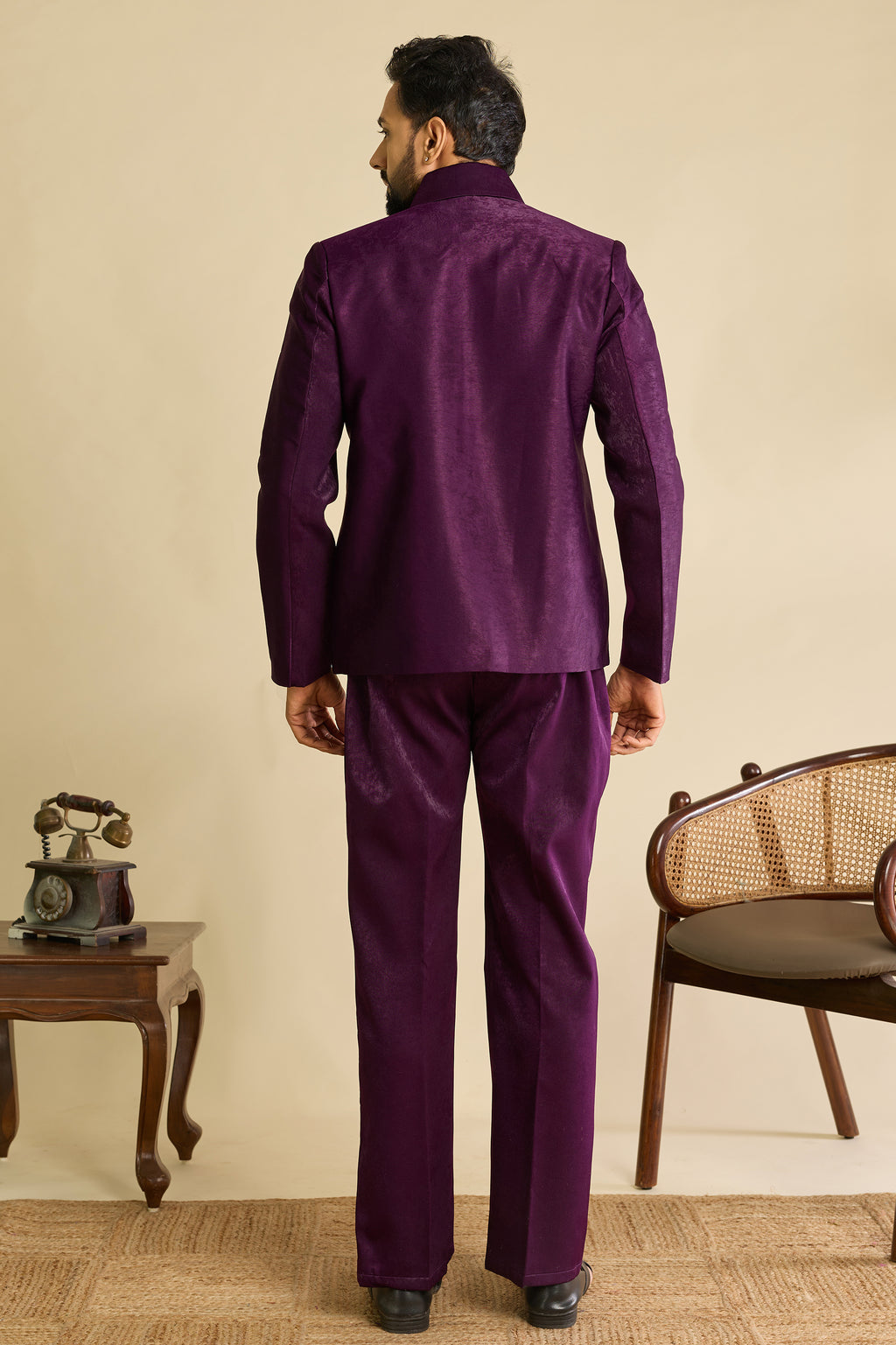 Regal Purple Embroidered Velvet Men Jacket and Pant Set with Mirror Work