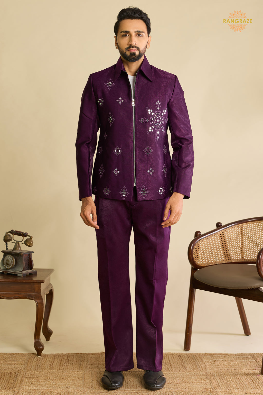 Regal Purple Embroidered Velvet Men Jacket and Pant Set with Mirror Work
