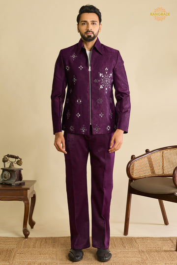 Regal Purple Embroidered Velvet Men Jacket and Pant Set with Mirror Work