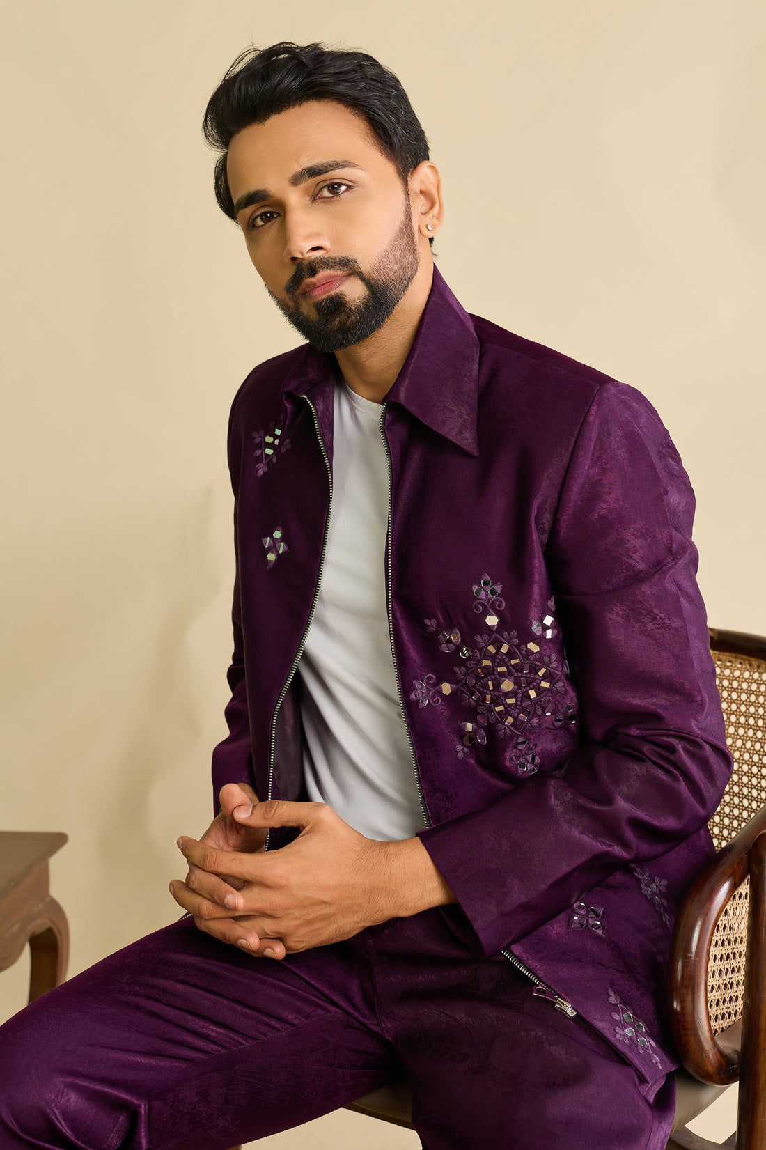 Regal Purple Embroidered Velvet Men Jacket and Pant Set with Mirror Work
