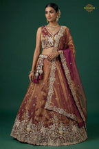 Rust Brown Embroidered Semi-Stitched Tissue Lehenga Set