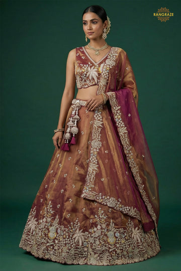 Rust Brown Embroidered Semi-Stitched Tissue Lehenga Set