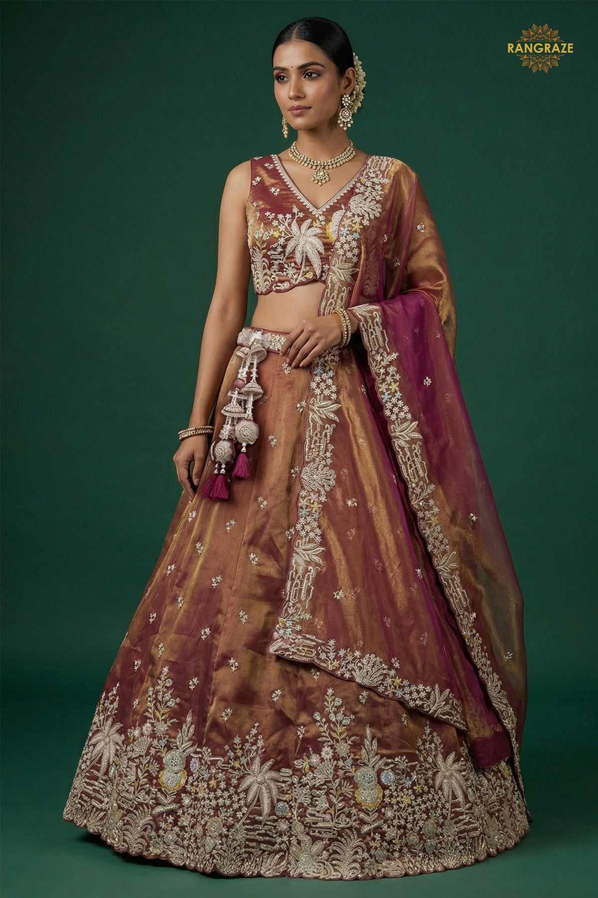 Rust Brown Embroidered Semi-Stitched Tissue Lehenga Set