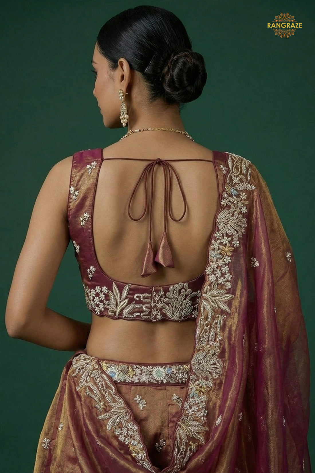 Rust Brown Embroidered Semi-Stitched Tissue Lehenga Set