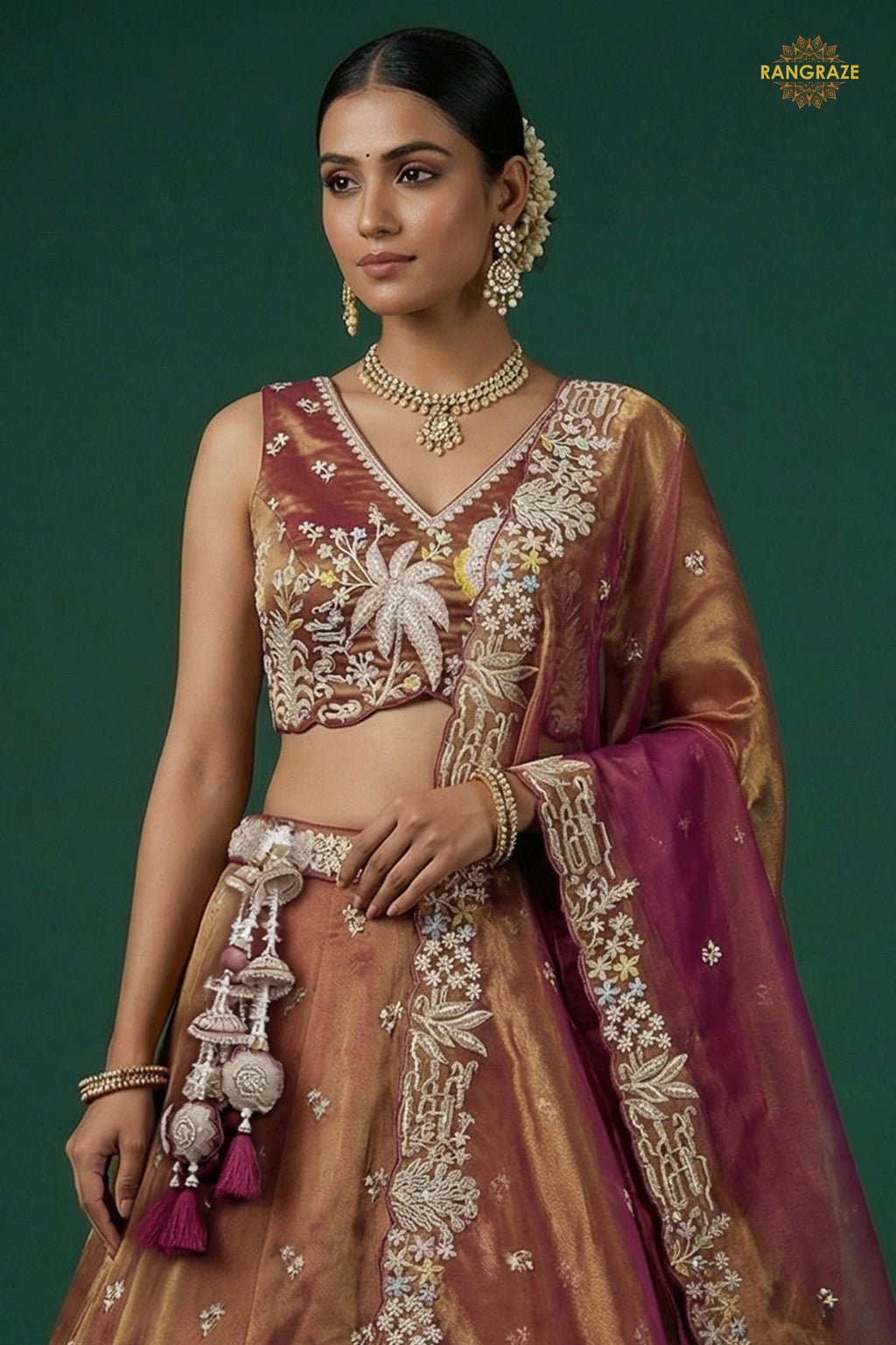 Rust Brown Embroidered Semi-Stitched Tissue Lehenga Set
