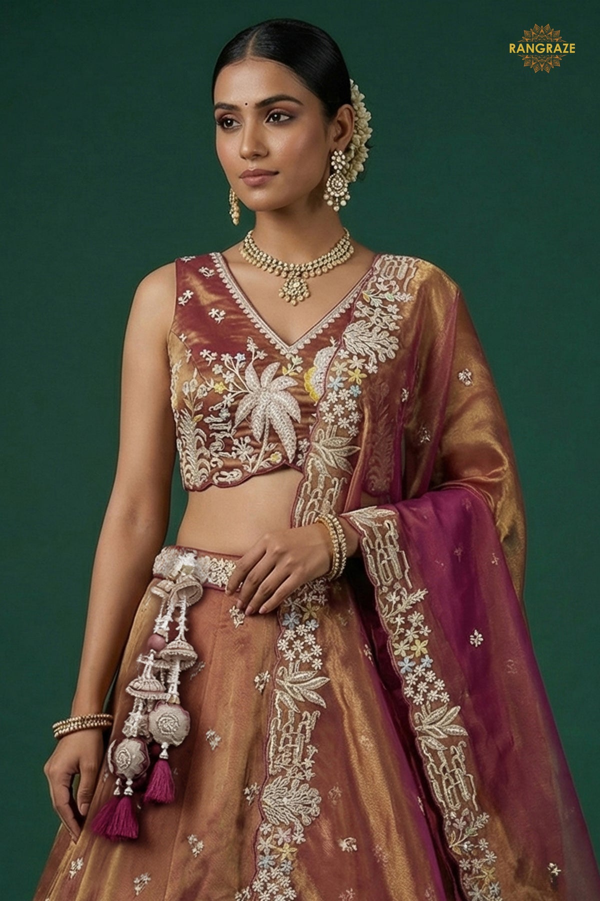 Rust Brown Embroidered Semi-Stitched Tissue Lehenga Set