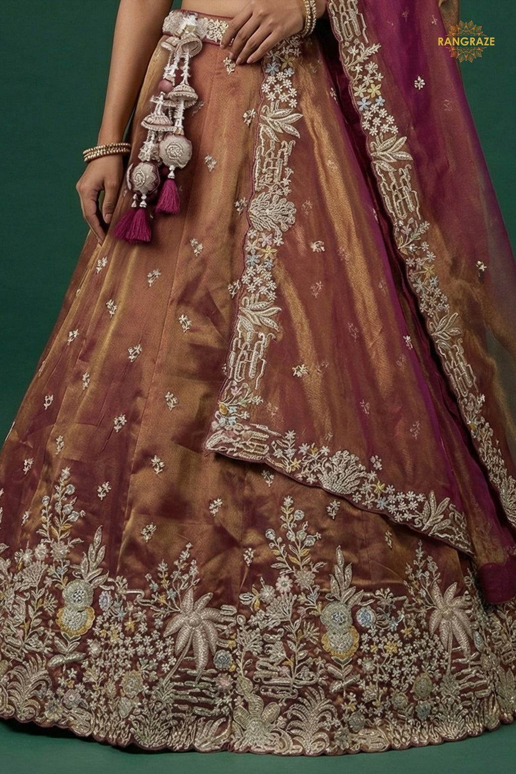 Rust Brown Embroidered Semi-Stitched Tissue Lehenga Set