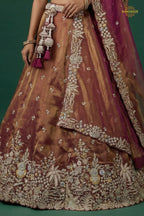 Rust Brown Embroidered Semi-Stitched Tissue Lehenga Set