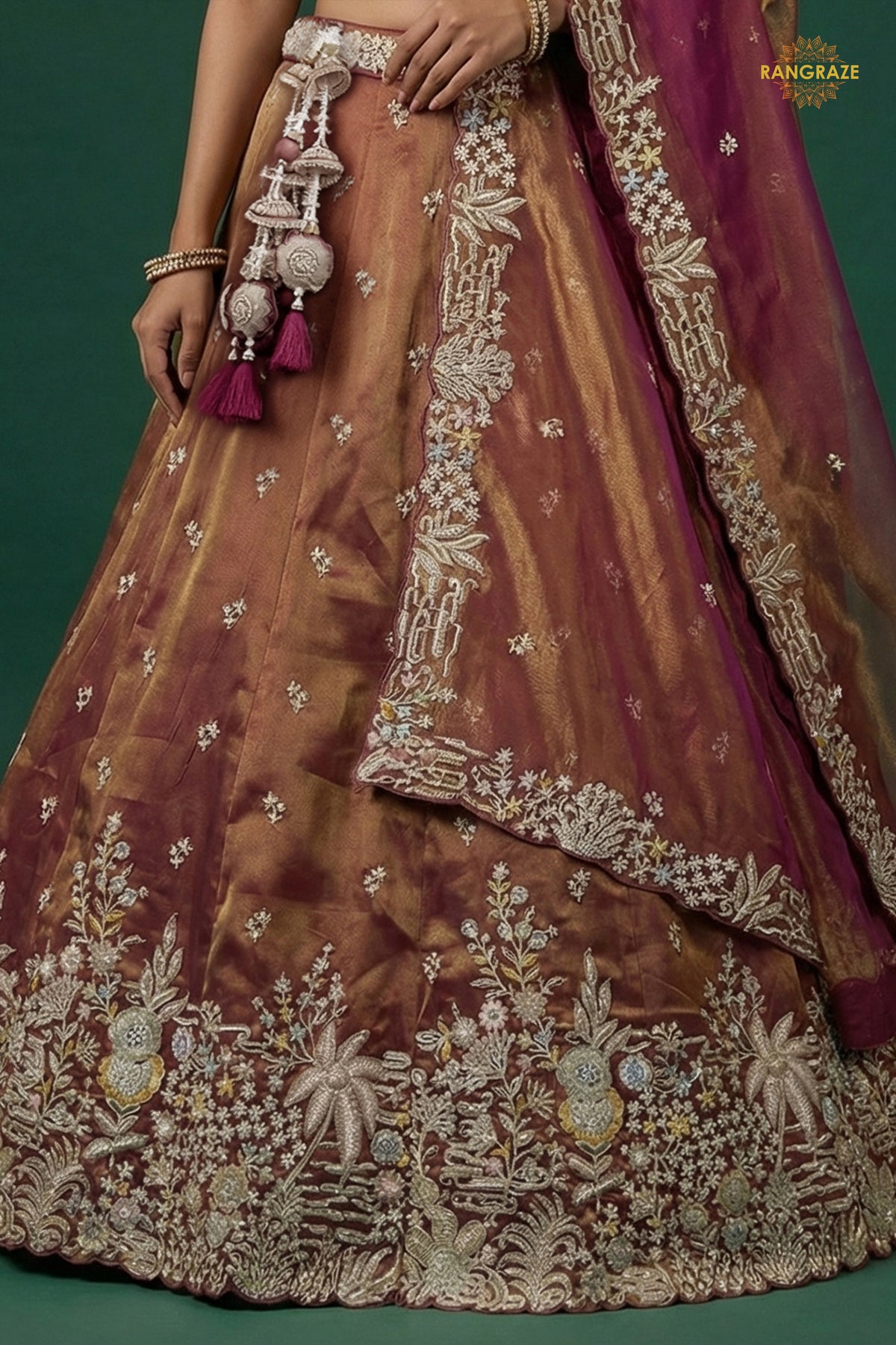 Rust Brown Embroidered Semi-Stitched Tissue Lehenga Set