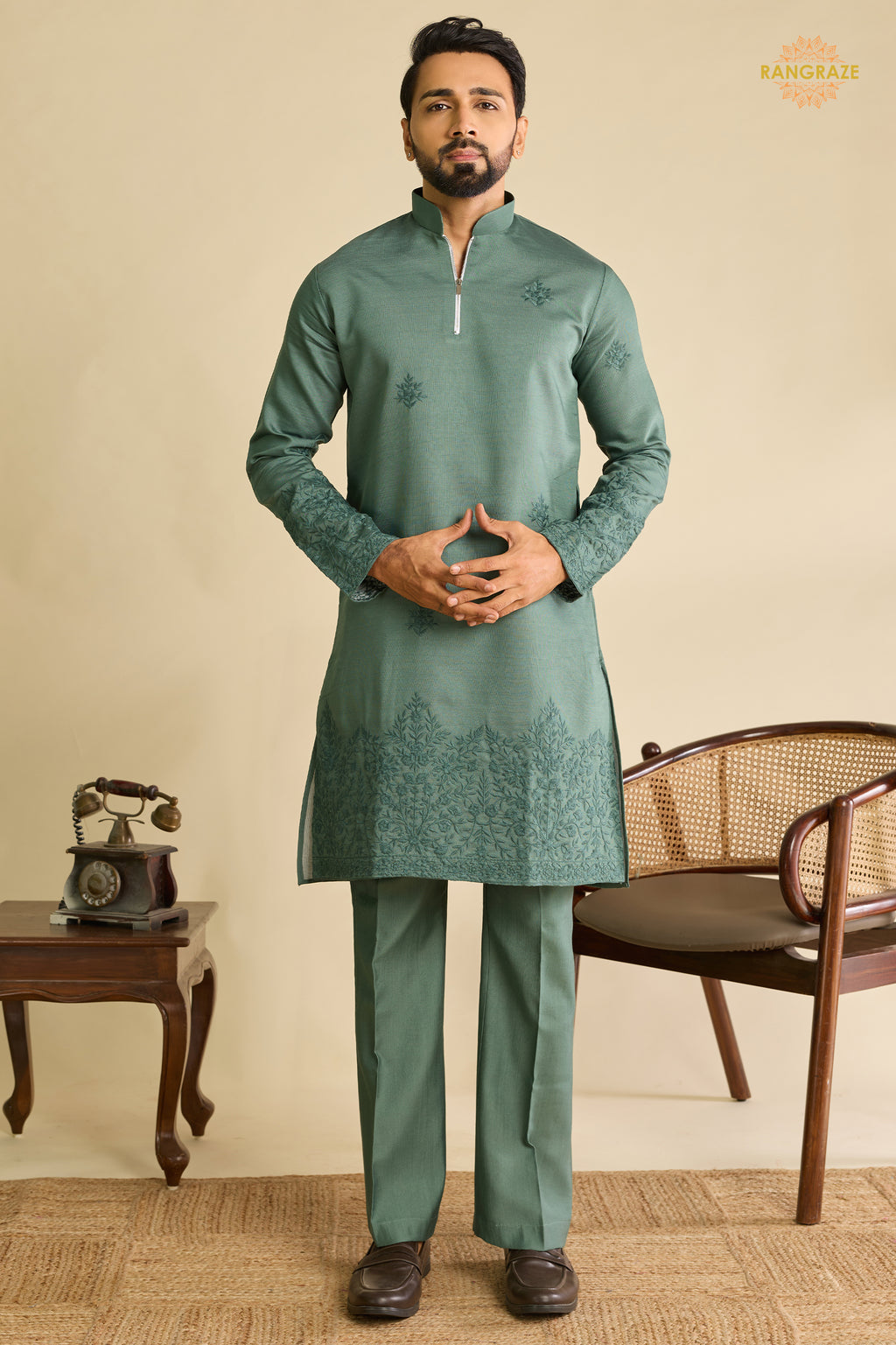 Sage Green Embroidered Art Silk Men Kurta Pajama With Jacket