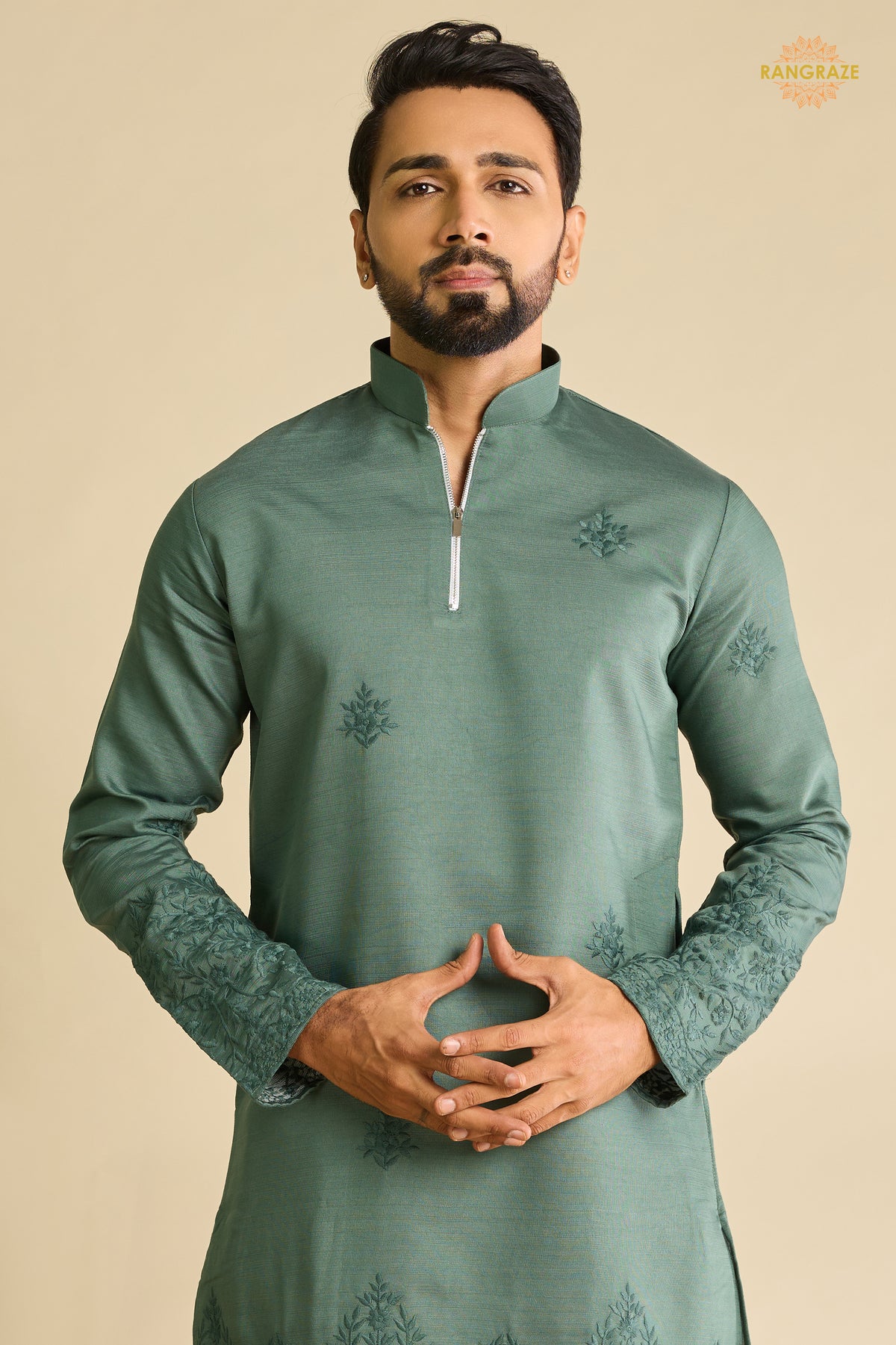 Sage Green Embroidered Art Silk Men Kurta Pajama With Jacket