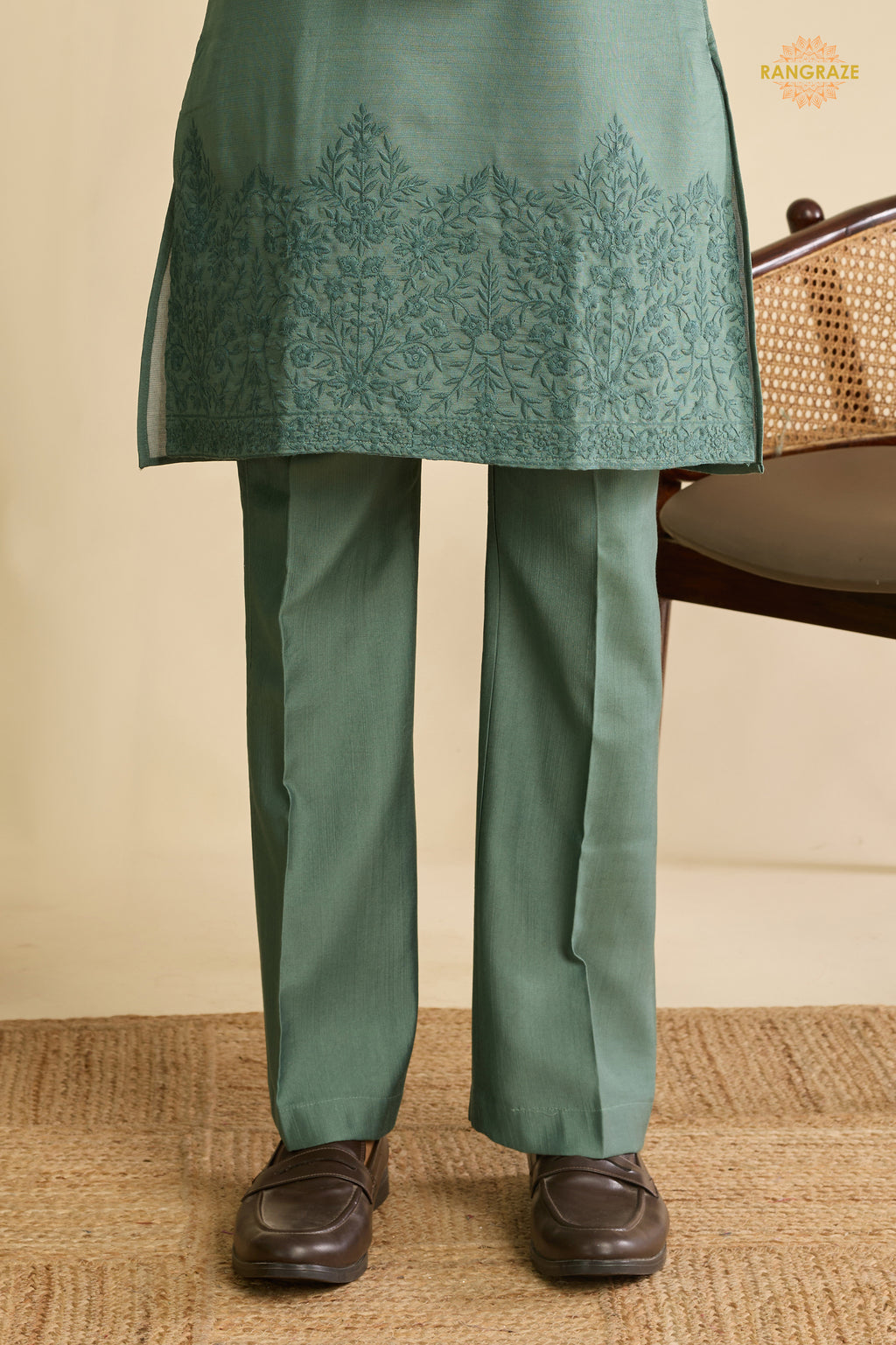 Sage Green Embroidered Art Silk Men Kurta Pajama With Jacket
