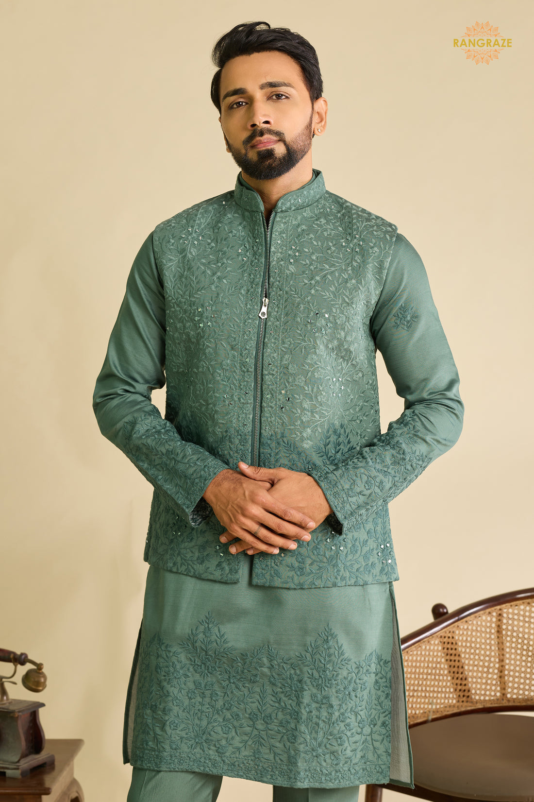 Sage Green Embroidered Art Silk Men Kurta Pajama With Jacket