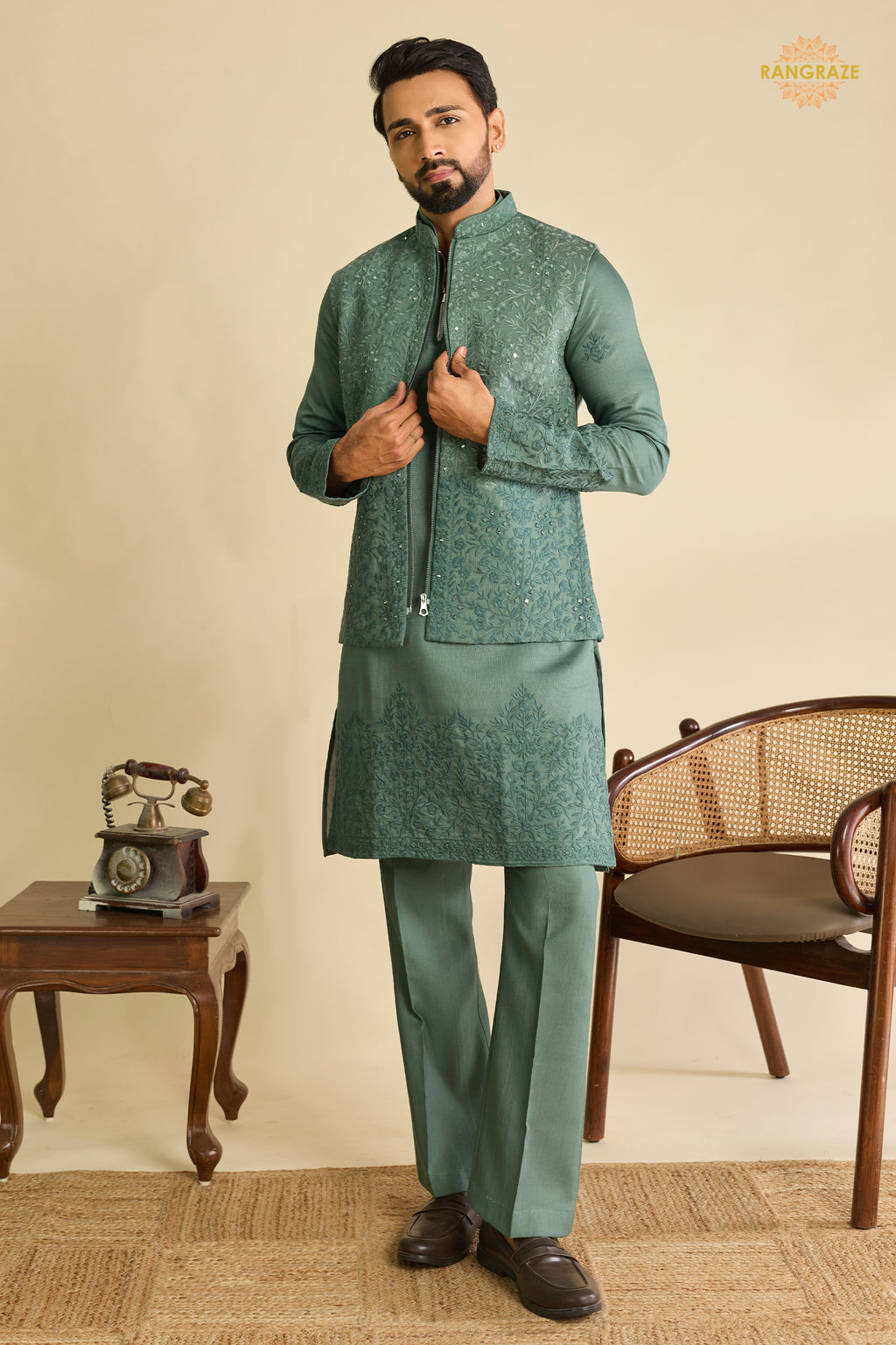 Sage Green Embroidered Art Silk Men Kurta Pajama With Jacket