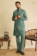 Sage Green Embroidered Art Silk Men Kurta Pajama With Jacket
