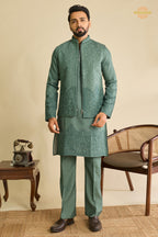 Sage Green Embroidered Art Silk Men Kurta Pajama With Jacket