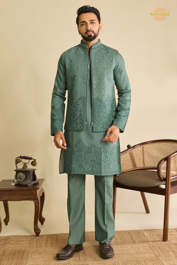 Sage Green Embroidered Art Silk Men Kurta Pajama With Jacket