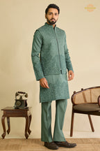 Sage Green Embroidered Art Silk Men Kurta Pajama With Jacket