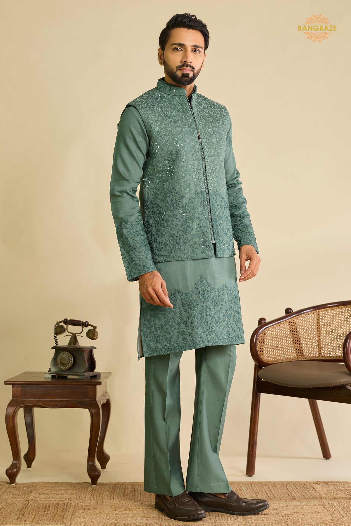 Sage Green Embroidered Art Silk Men Kurta Pajama With Jacket