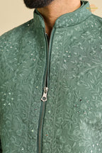 Sage Green Embroidered Art Silk Men Kurta Pajama With Jacket