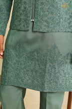 Sage Green Embroidered Art Silk Men Kurta Pajama With Jacket