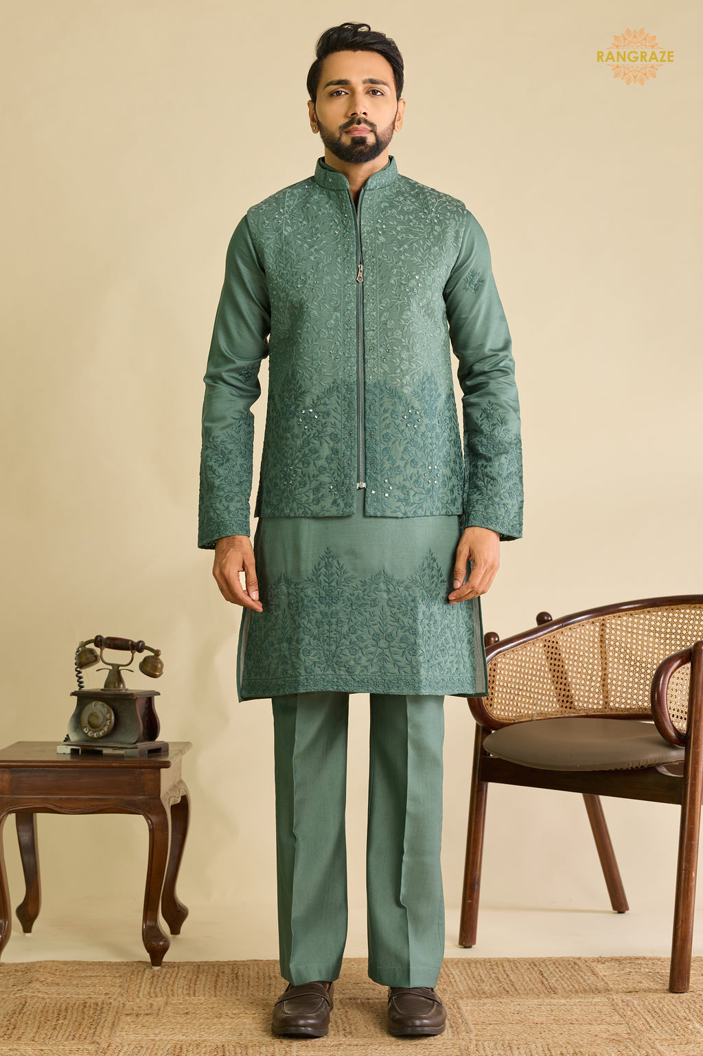 Sage Green Embroidered Art Silk Men Kurta Pajama With Jacket